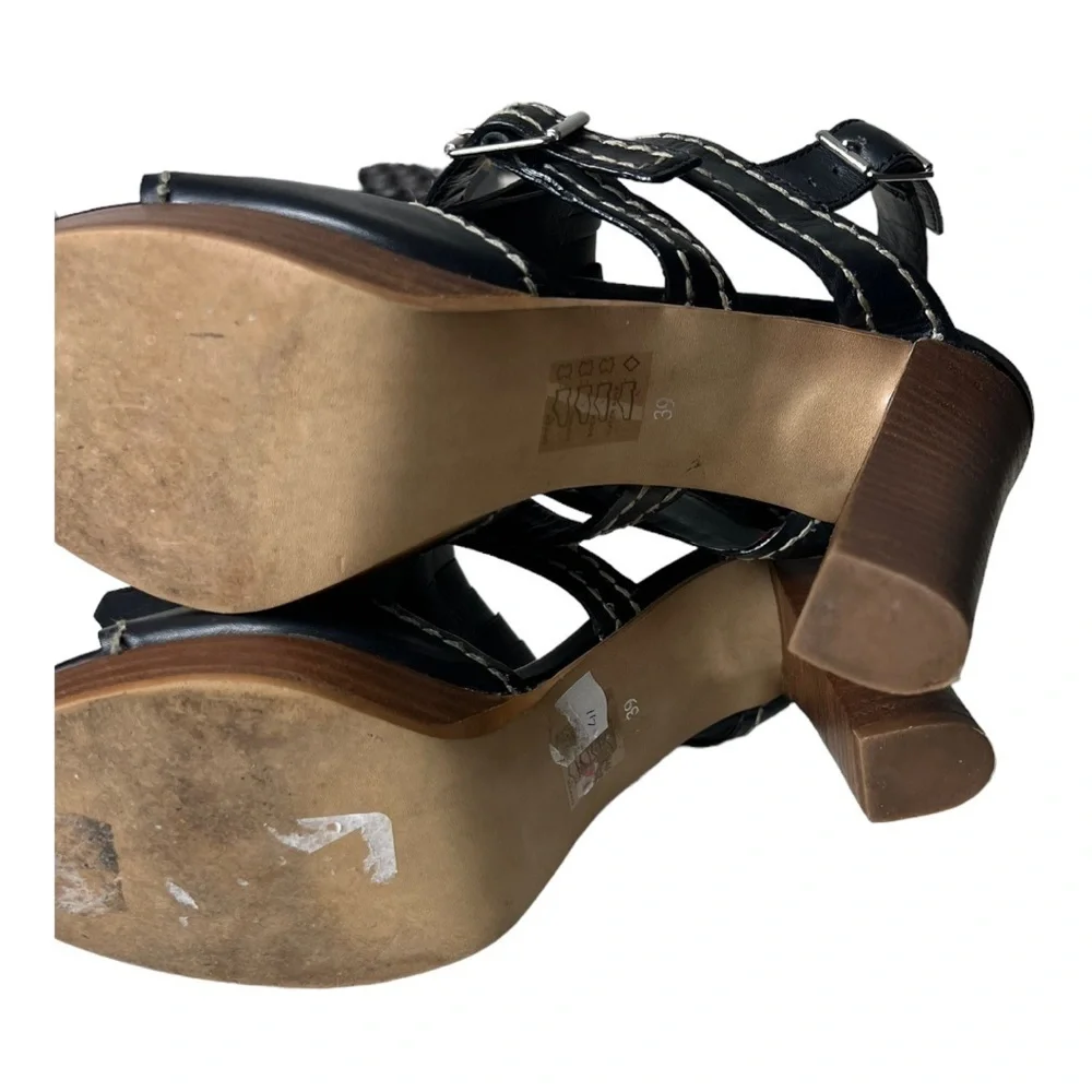 Elvio Zanon Black Leather Fringe Style Heel Platform Sandals Size 39 (US 8.5)